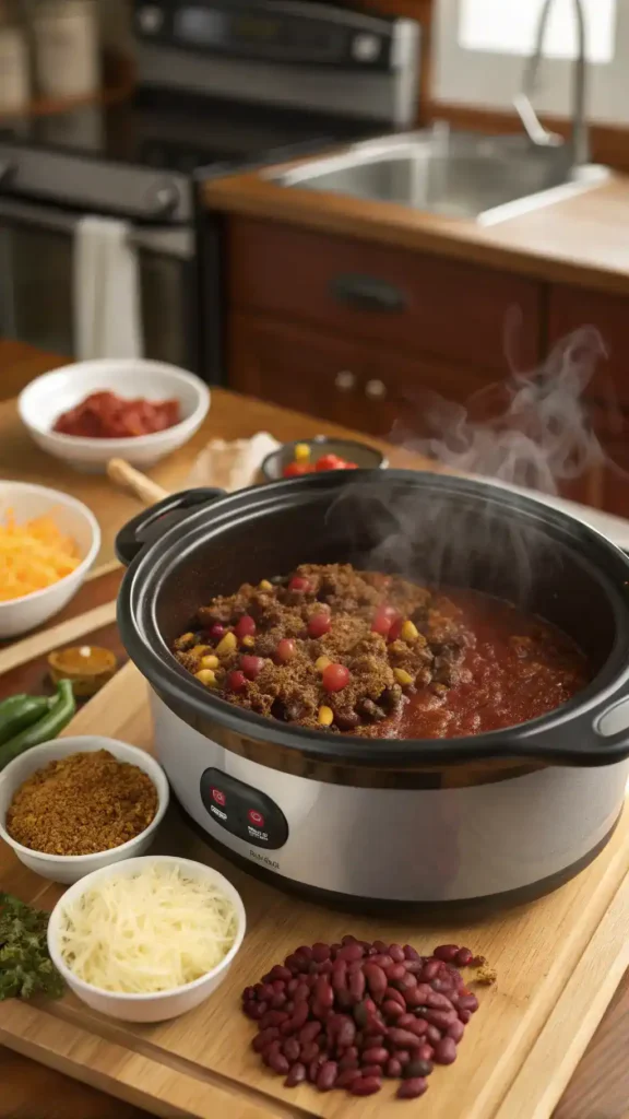 A pot of Slow Cooker Chili with ingredients like ground beef, beans, and spices, simmering in a cozy kitchen.