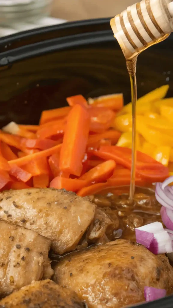 Step-by-step process of making Slow Cooker Honey Garlic Chicken with Veggies, showcasing ingredients and cooking steps.