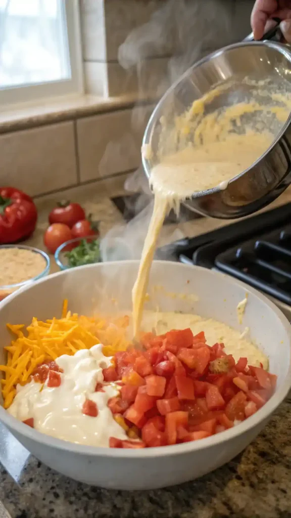 A mixing bowl filled with ingredients for smoked queso, including cream cheese, shredded cheeses, and diced tomatoes, with a smoker in the background.