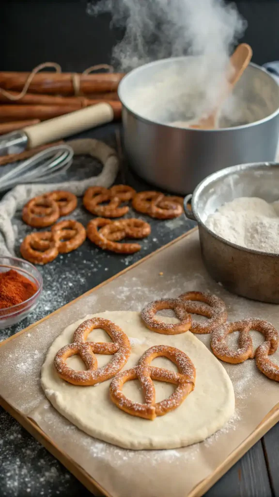 A step-by-step visual guide to making spicy pretzels, showcasing dough preparation and shaping.