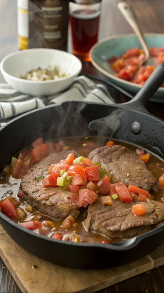 A skillet with seared round steak and colorful chopped vegetables, showcasing the preparation of Swiss steak.