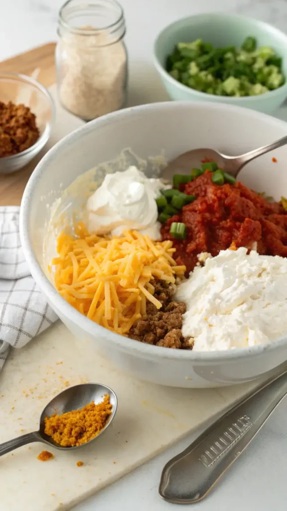 A mixing bowl with cream cheese and sour cream being blended together for taco dip.