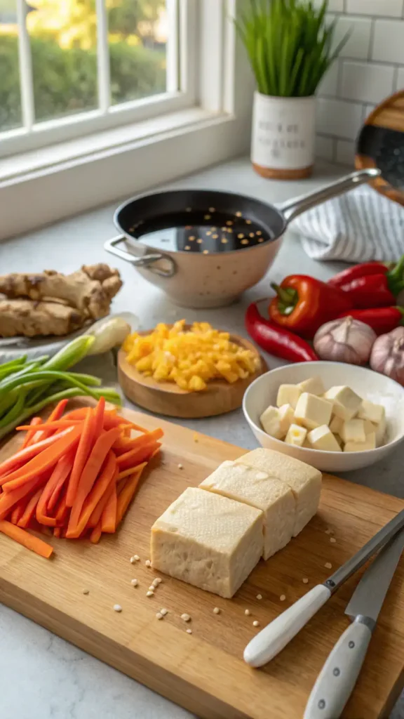 A step-by-step guide to making tauhu with ingredients laid out on a kitchen counter.