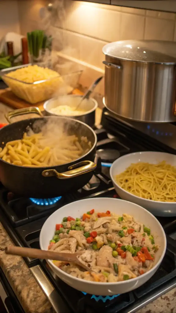 Step-by-step process of making a tuna casserole, including preheating the oven and mixing ingredients.