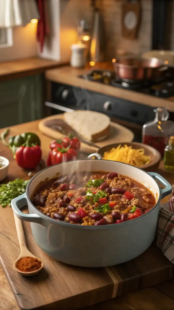 A pot of Turkey Chili simmering on the stove with colorful ingredients visible.