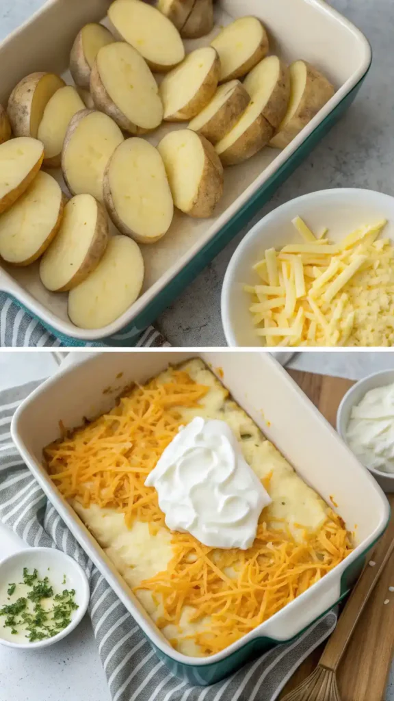 Step-by-step process of making Twice Baked Potato Dump Casserole.