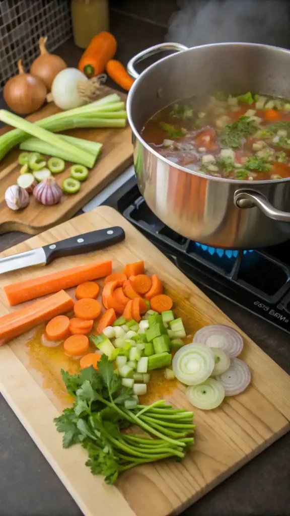 A pot of vegetable soup simmering on the stove with fresh vegetables being chopped nearby.