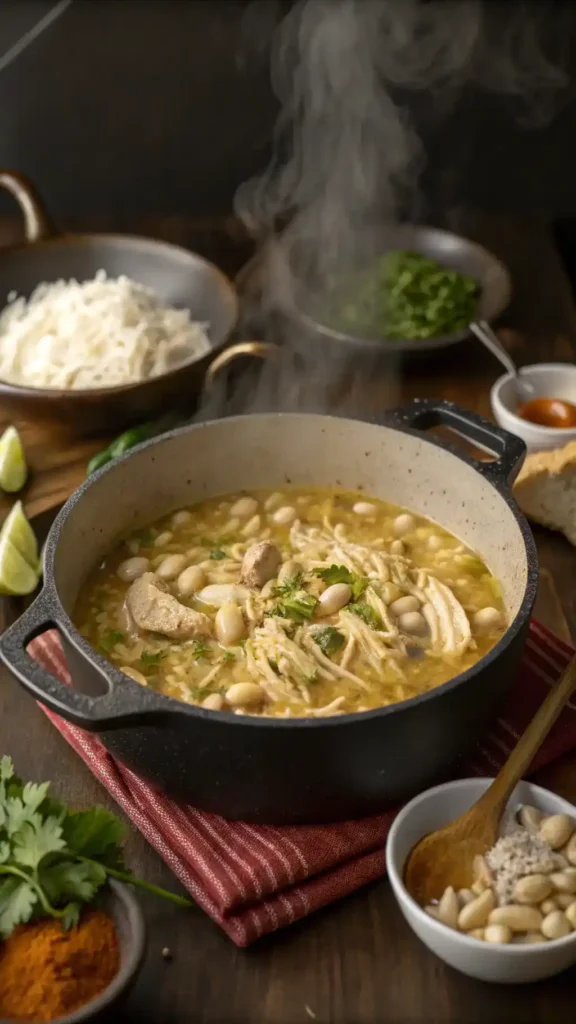 A pot of White Chicken Chili simmering on the stove with ingredients scattered around.