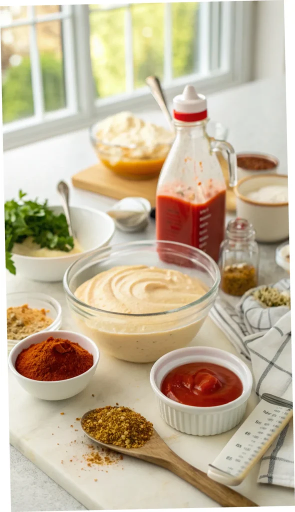 A step-by-step guide to making yum yum sauce with ingredients displayed.