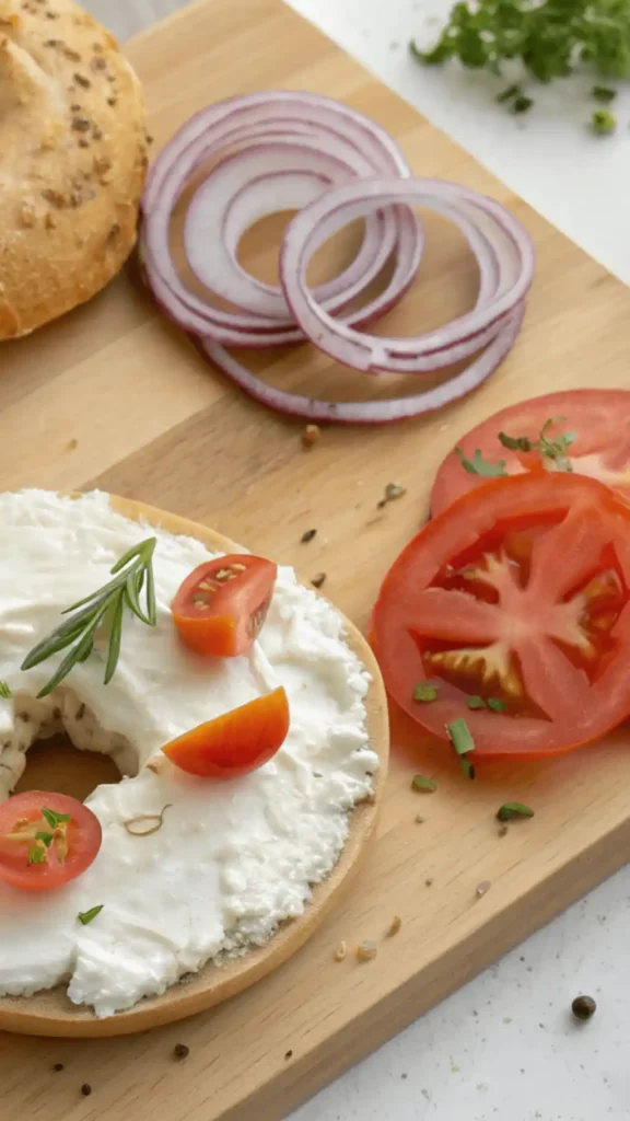A step-by-step guide to making a cottage cheese bagel, showcasing ingredients and preparation steps.