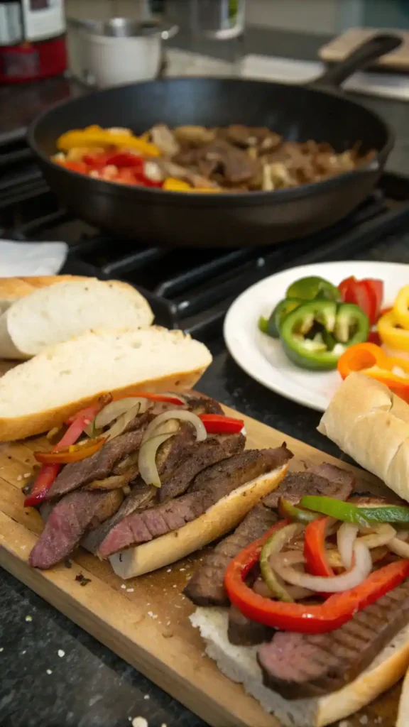 A delicious steak sandwich being prepared with fresh ingredients.
