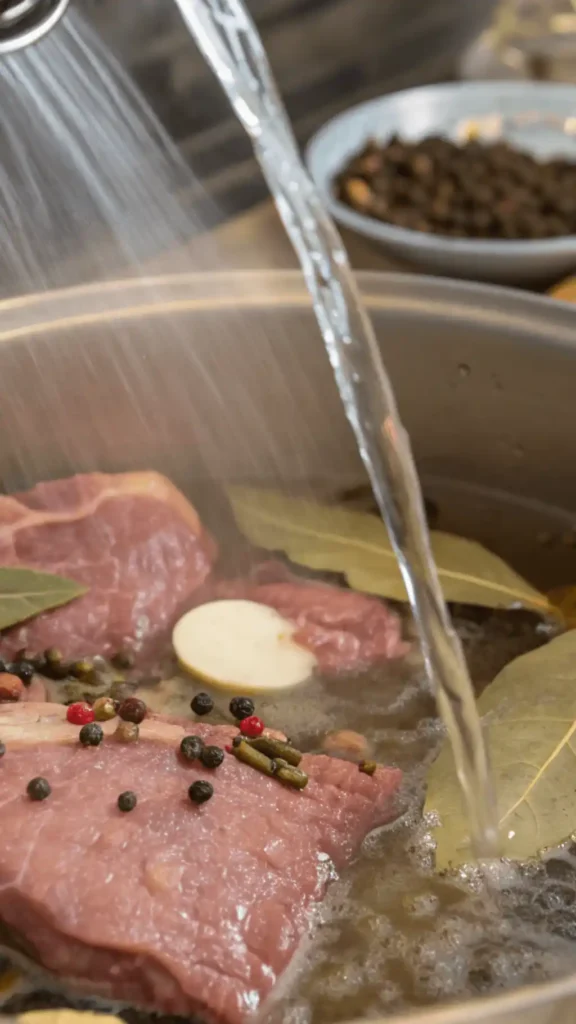 A pot with beef tongue being prepared with seasonings like bay leaves and garlic.