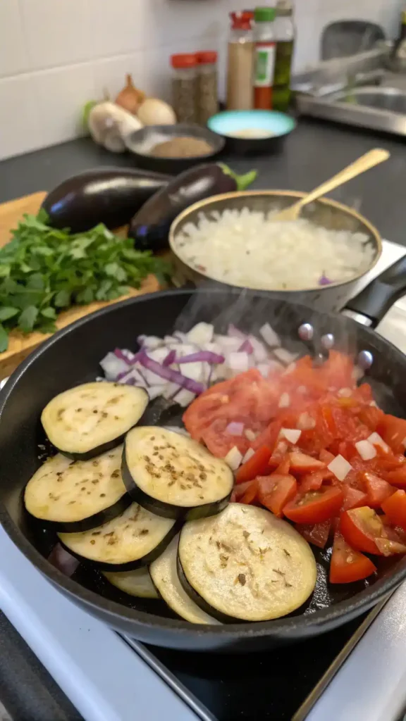 A skillet with sautéed eggplant, tomatoes, onions, and garlic, showcasing the cooking process.
