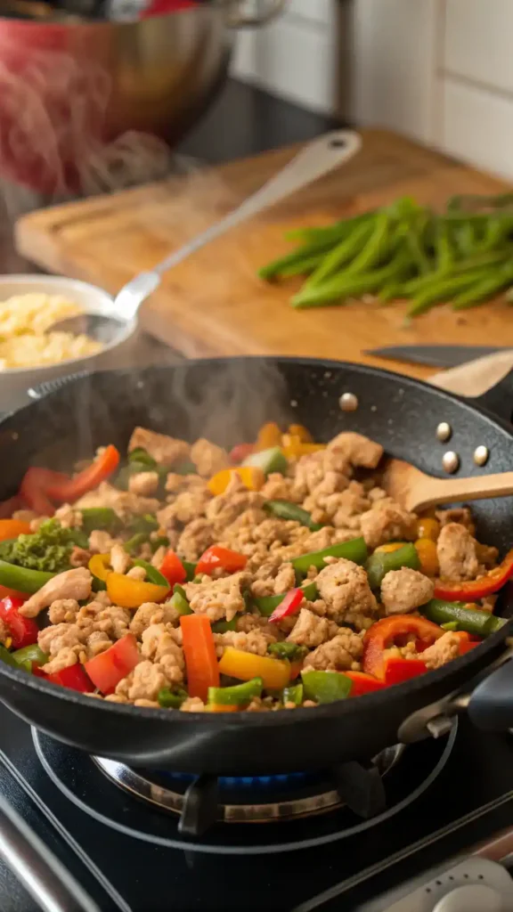 A skillet with sautéed onions, garlic, and ground chicken cooking together.