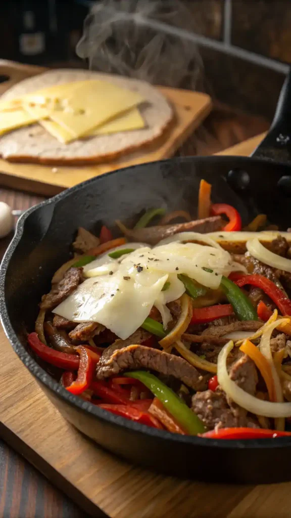 A skillet filled with sautéed onions, bell peppers, and thinly sliced beef topped with melted provolone cheese.