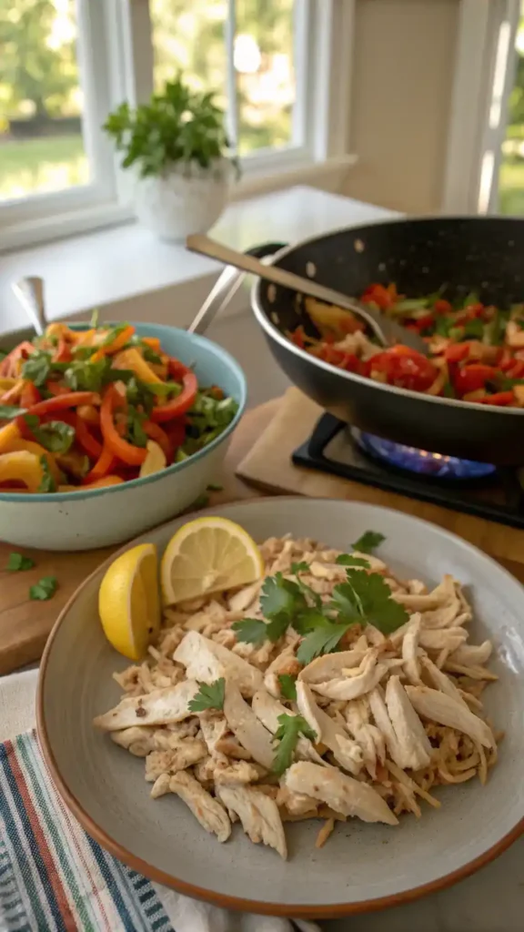 A step-by-step guide to making a delicious shredded chicken recipe with sautéed vegetables.