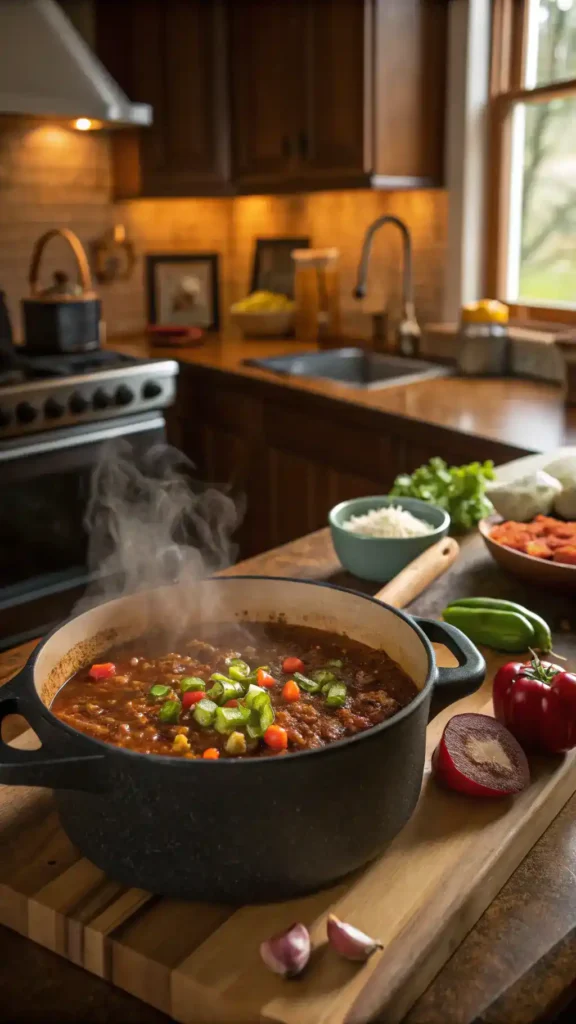 A pot of chili simmering on the stove with fresh vegetables and spices around it.