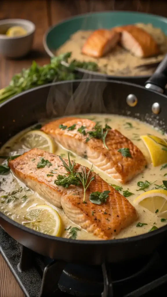 Skillet with seared salmon fillets in creamy sauce, garnished with herbs and lemon.