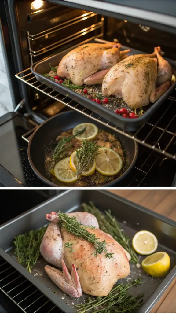 Step-by-step preparation of a Cornish hen, including seasoning and stuffing.