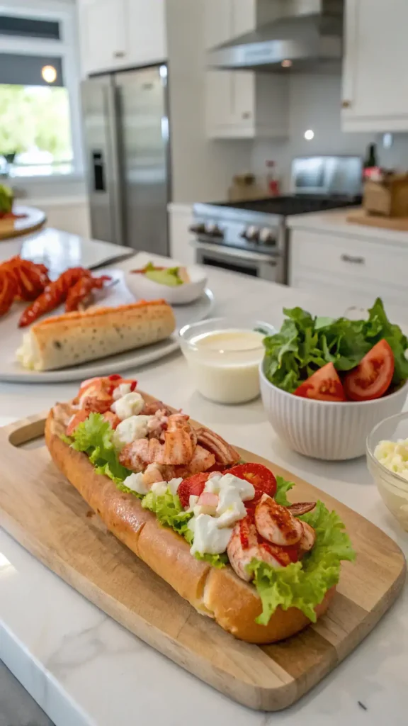A lobster roll being prepared with fresh ingredients including lobster meat, mayonnaise, and celery.
