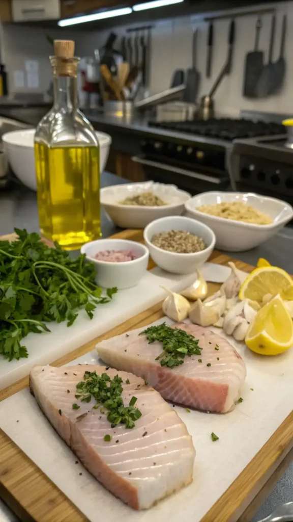 Ingredients for a swordfish recipe including fresh swordfish steaks, olive oil, lemon juice, garlic, and herbs.