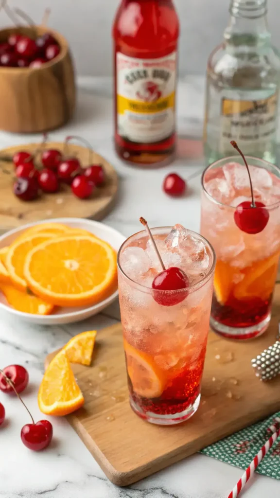 A refreshing Shirley Temple mocktail with ginger ale, grenadine, and garnished with a maraschino cherry and an orange slice.