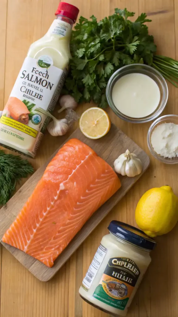 Ingredients for Salmon in Creamy Sauce laid out on a wooden countertop.