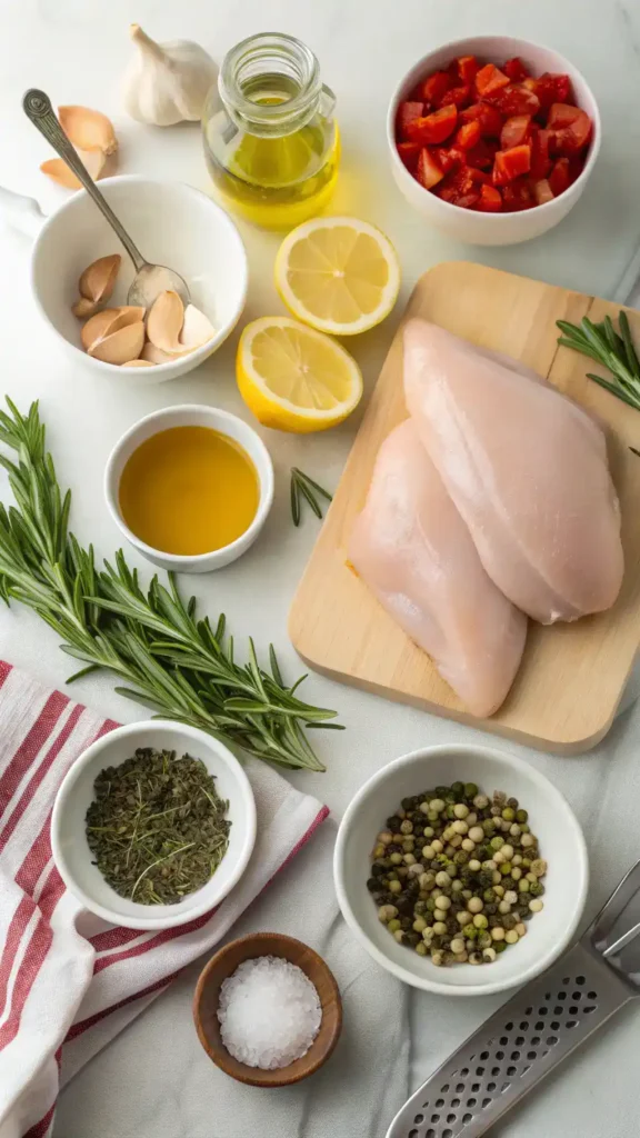 Ingredients for baked chicken breast recipe including chicken breasts, olive oil, and spices.
