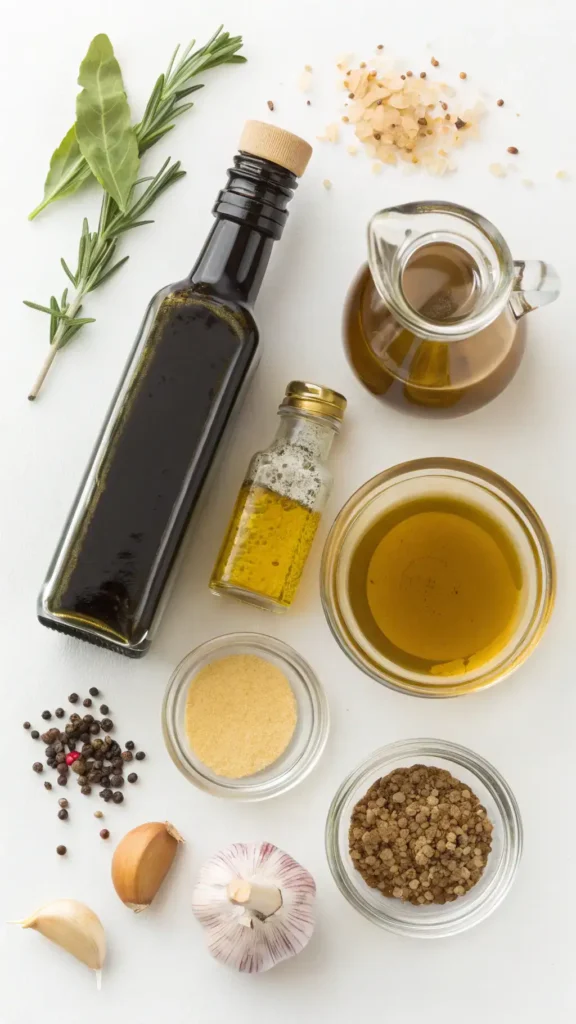 Ingredients for balsamic vinaigrette displayed on a wooden table.