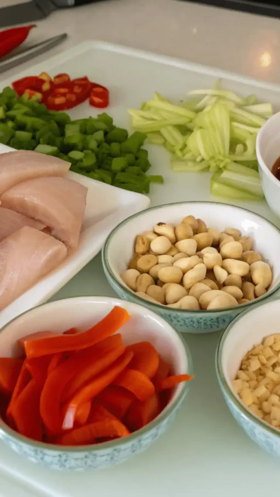 Ingredients for Bang Bang Chicken including chicken breast, cornstarch, garlic, and sauces.