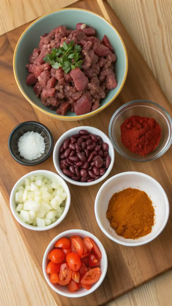 Ingredients for beef chili displayed on a wooden countertop, including ground beef, kidney beans, diced tomatoes, and spices.