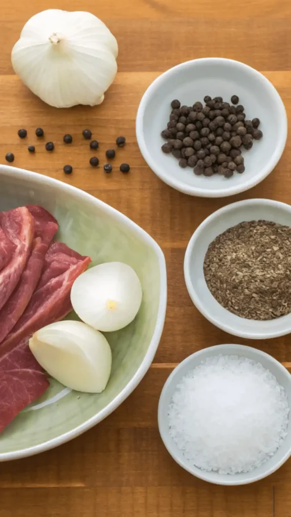 Ingredients for beef tongue recipe displayed on a wooden table.