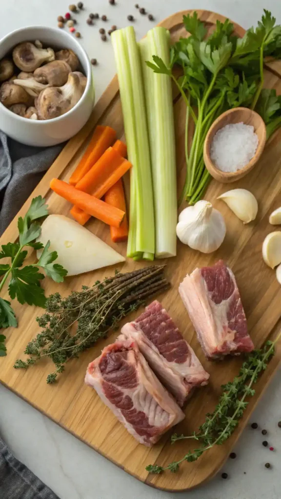 Ingredients for bone broth including beef and chicken bones, vegetables, garlic, and herbs on a cutting board.