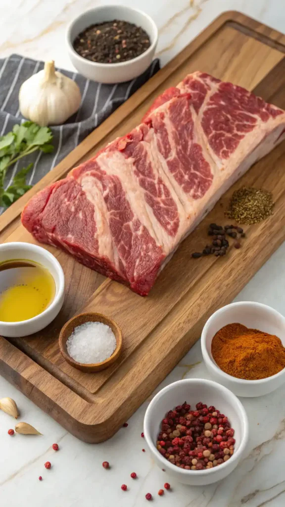 Ingredients for boneless beef ribs recipe displayed on a cutting board.