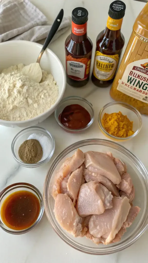 Ingredients for boneless wings including chicken, flour, and spices.