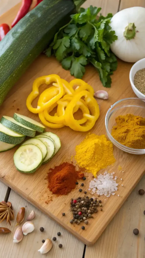 Ingredients for calabacitas recipe displayed on a cutting board.