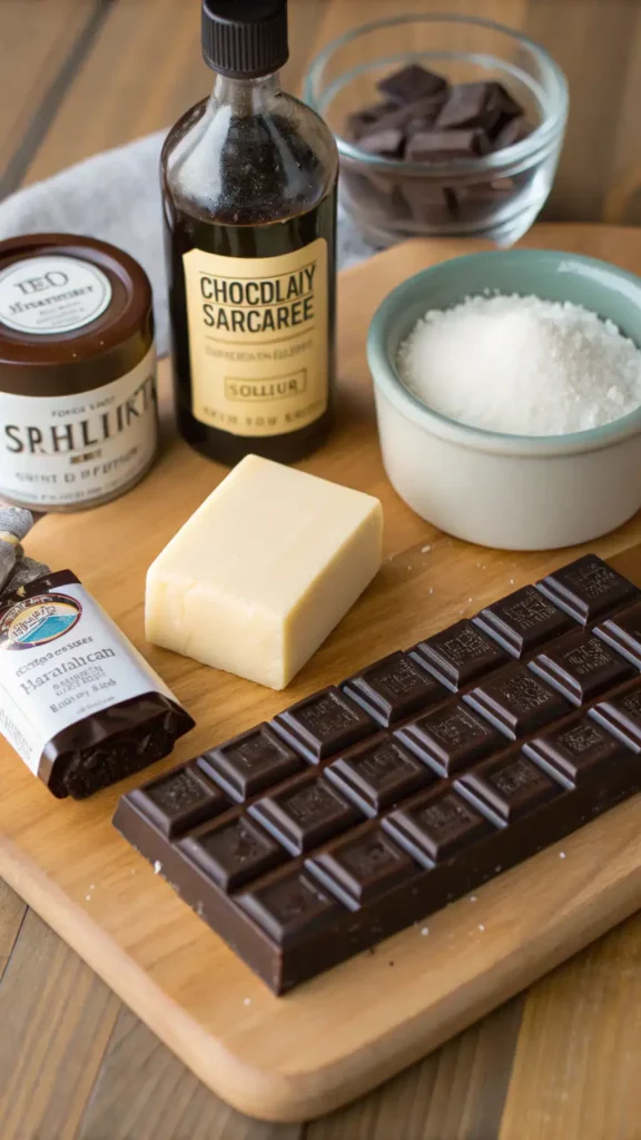 Ingredients for chocolate ganache displayed on a wooden countertop.