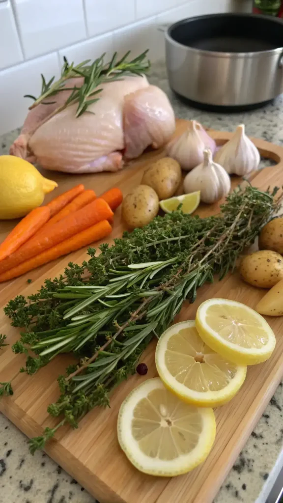 Ingredients for a Cornish hen recipe displayed on a wooden table.