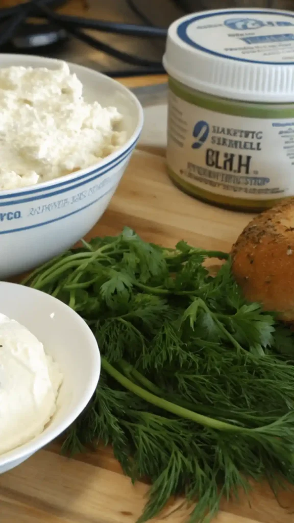 Ingredients for a cottage cheese bagel, including cottage cheese, bagels, Greek yogurt, and fresh herbs.