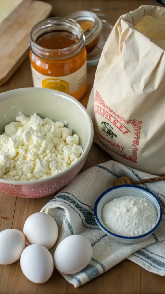 Ingredients for cottage cheese bread including cottage cheese, flour, eggs, and honey on a wooden countertop.