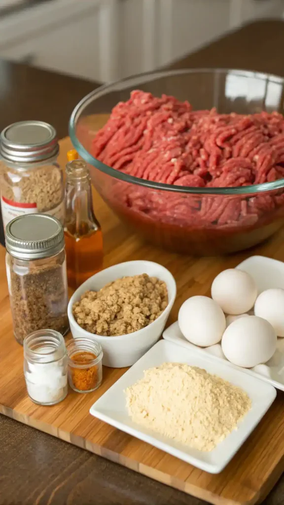 Ingredients for Cracker Barrel Meatloaf displayed on a kitchen counter.