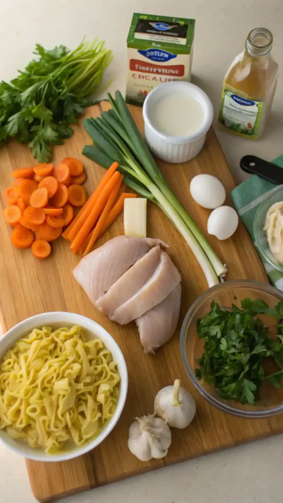 Ingredients for creamy chicken noodle soup displayed on a wooden table.