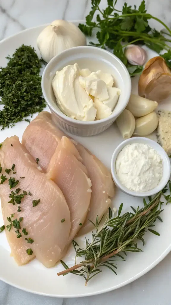 Ingredients for Creamy Garlic Chicken Breast displayed on a wooden table.