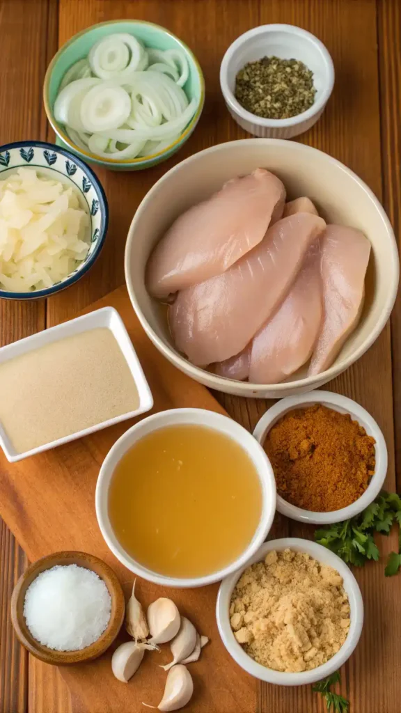 Ingredients for Crockpot Chicken and Gravy displayed on a wooden table.