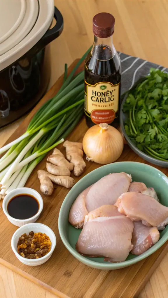 Ingredients for Crockpot Honey Garlic Chicken displayed on a kitchen counter.