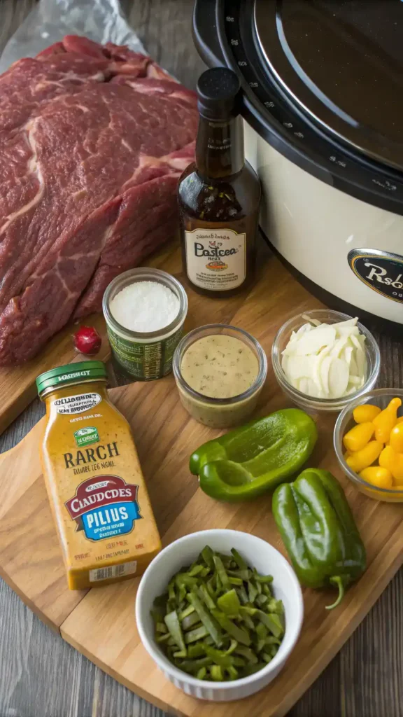 Ingredients for Crockpot Mississippi Pot Roast displayed on a wooden cutting board.