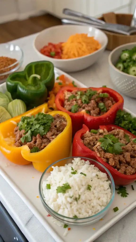 Ingredients for Dad's Stuffed Bell Peppers including bell peppers, ground turkey, rice, and spices.