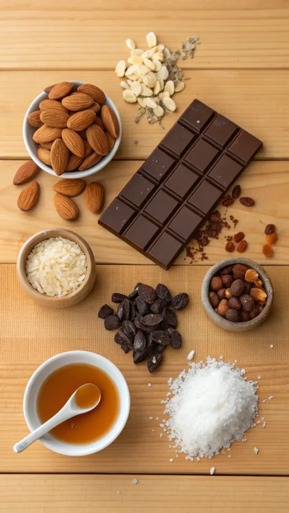 Ingredients for Dubai chocolate bar recipe including dark chocolate, milk chocolate, nuts, and dried fruits.