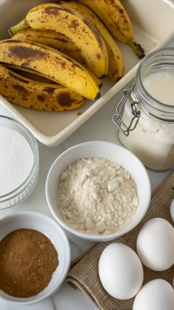 Ingredients for Easy Banana Bread including ripe bananas, flour, and sugar.