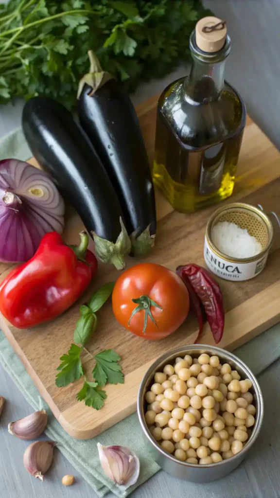 A collection of fresh ingredients for an eggplant recipe, beautifully arranged on a wooden surface.